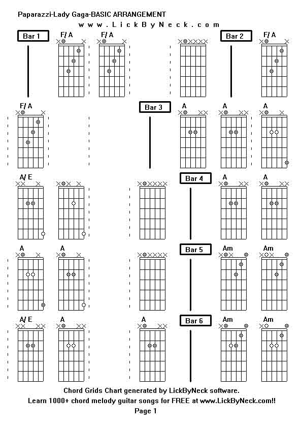 Chord Grids Chart of chord melody fingerstyle guitar song-Paparazzi-Lady Gaga-BASIC ARRANGEMENT,generated by LickByNeck software.